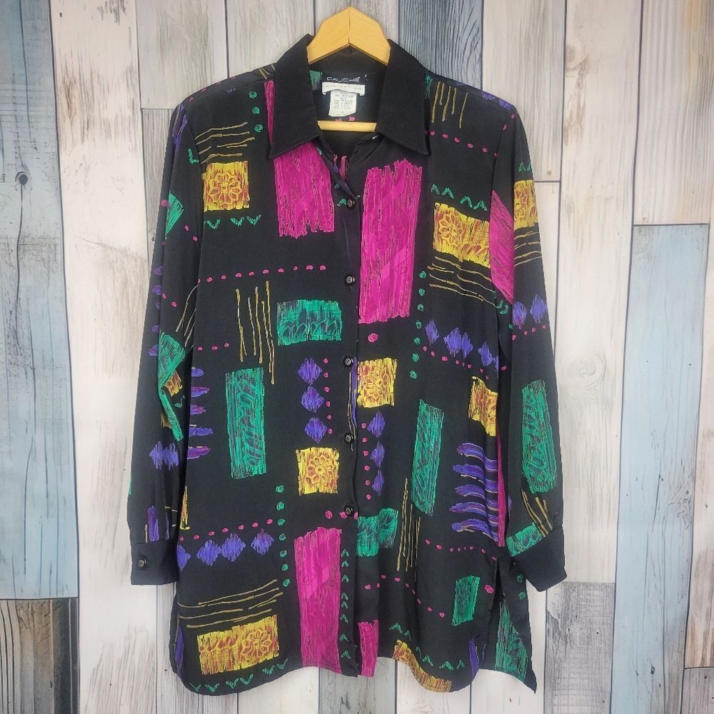 Vintage Caliche Black Pink Green Geometric Print Long Sleeve Tunic Blouse 12